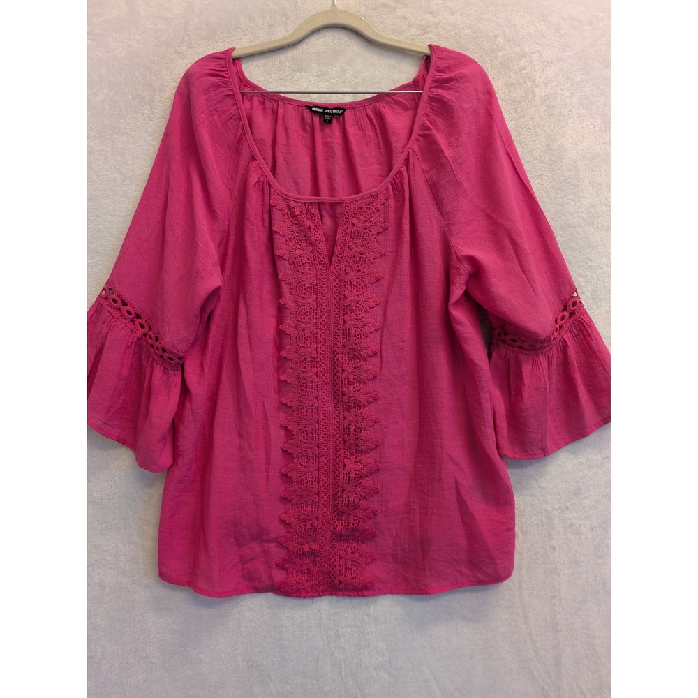 Unique Spectrum Pink Embroidered Lace Bell Sleeve Boho Blouse Top Womens L‎